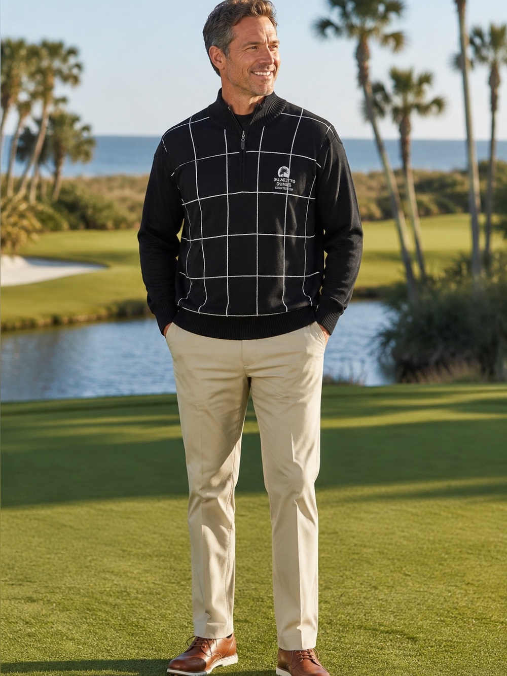 Palmetto Dunes Hilton Head Mens L Black Windowpane 1/4 Zip Golf Sweater